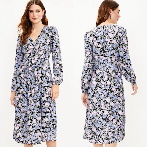 NWT Loft Floral Ruched Long Sleeve Midi Dress, Black Pink Blue - Size‎ 18 - Picture 1 of 10